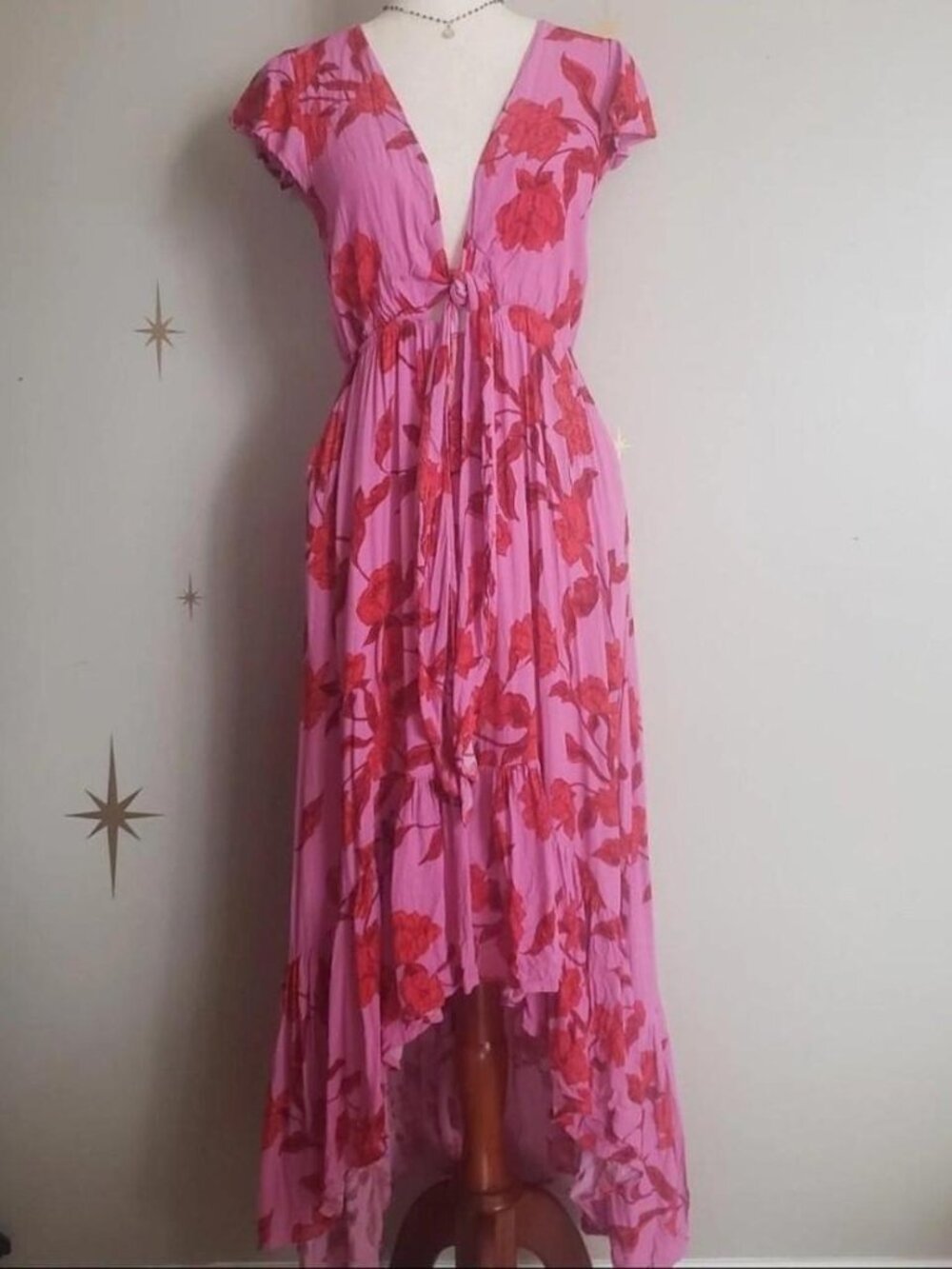 Vici High Low Midi Dress Sz Large Pink / Red Florals, Cinched Waist, Flowy
